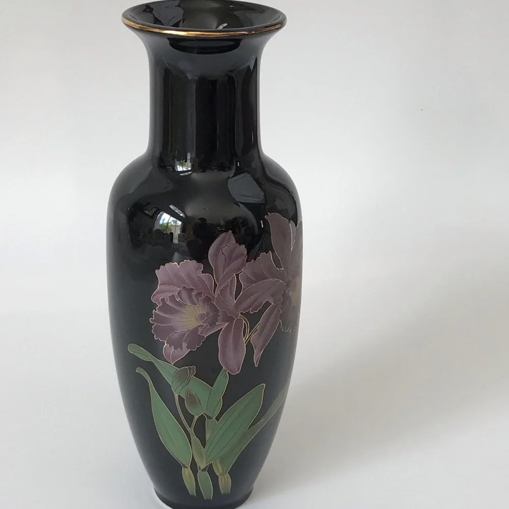 Vintage Japanese Black Porcelain Gold Trim Vase
